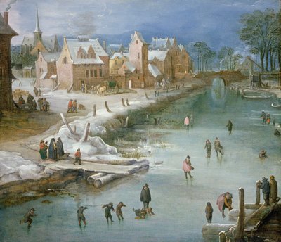 Schaatsers op een Bevroren Rivier Langs een Stad door Joos or Josse de Momper